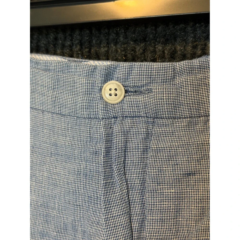 Peter Millar Shorts Mens 36 Chino Blue White Micro Check Linen Blend Flat Front